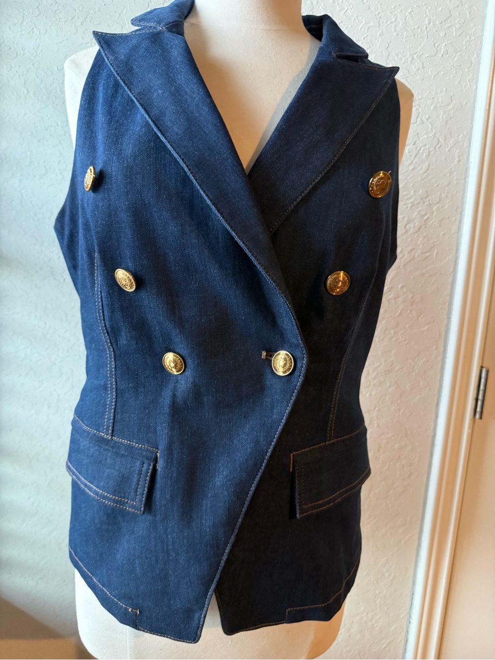 White House Black Market Navy Double-Breasted Sleeveless Vest with Gold Buttons